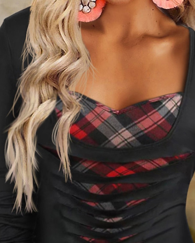 Γυναικεία Πουκάμισο Μπλούζα Στάμπα Καρό Στυλάτο Βασικό Καθημερινό Μακρυμάνικο Λαιμόκοψη V Κανονικά μπλουζάκια Καθημερινά Αργίες Μαύρο Άνοιξη Φθινόπωρο 2026 - $24.99 –P2