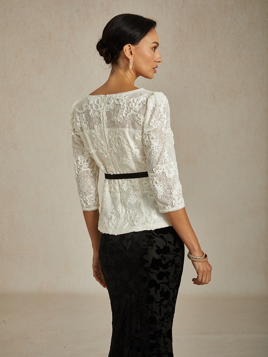 2026年 女性用 レーストップス フラワー グラフィック エレガント スタイリッシュ ボートネック レギュラートップス ホワイト 夏 春 秋  コレクション – $97.99 –P2