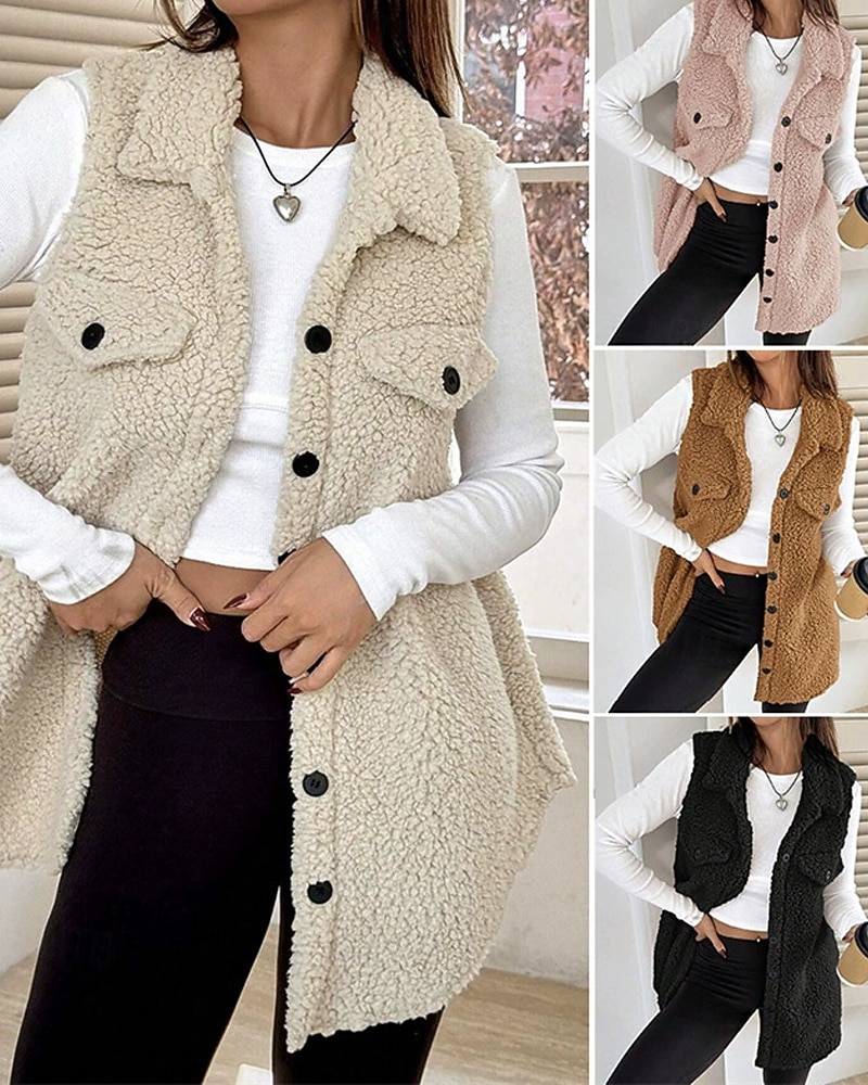 Femmes Veste en Polaire Veste Décontractée Chaud Confortable Avec Poches Boutons Mode Extérieur Uni Sortir Week-end Simple Boutonnage Régulier Revers Coupe régulière manche longue Vêtements de 2025 ? $23.99 –P1
