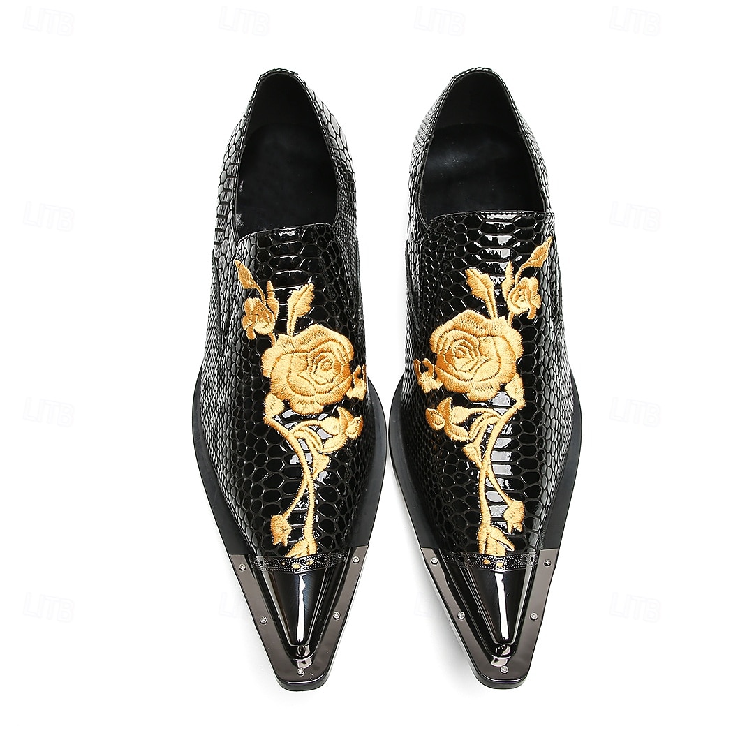 Pantofi eleganți bărbătești din piele naturală de vacă, cu model de crocodil negru și broderie aurie – mocasini formali de lux pentru afaceri, nunți și banchete 2026 - $119.99 –P4