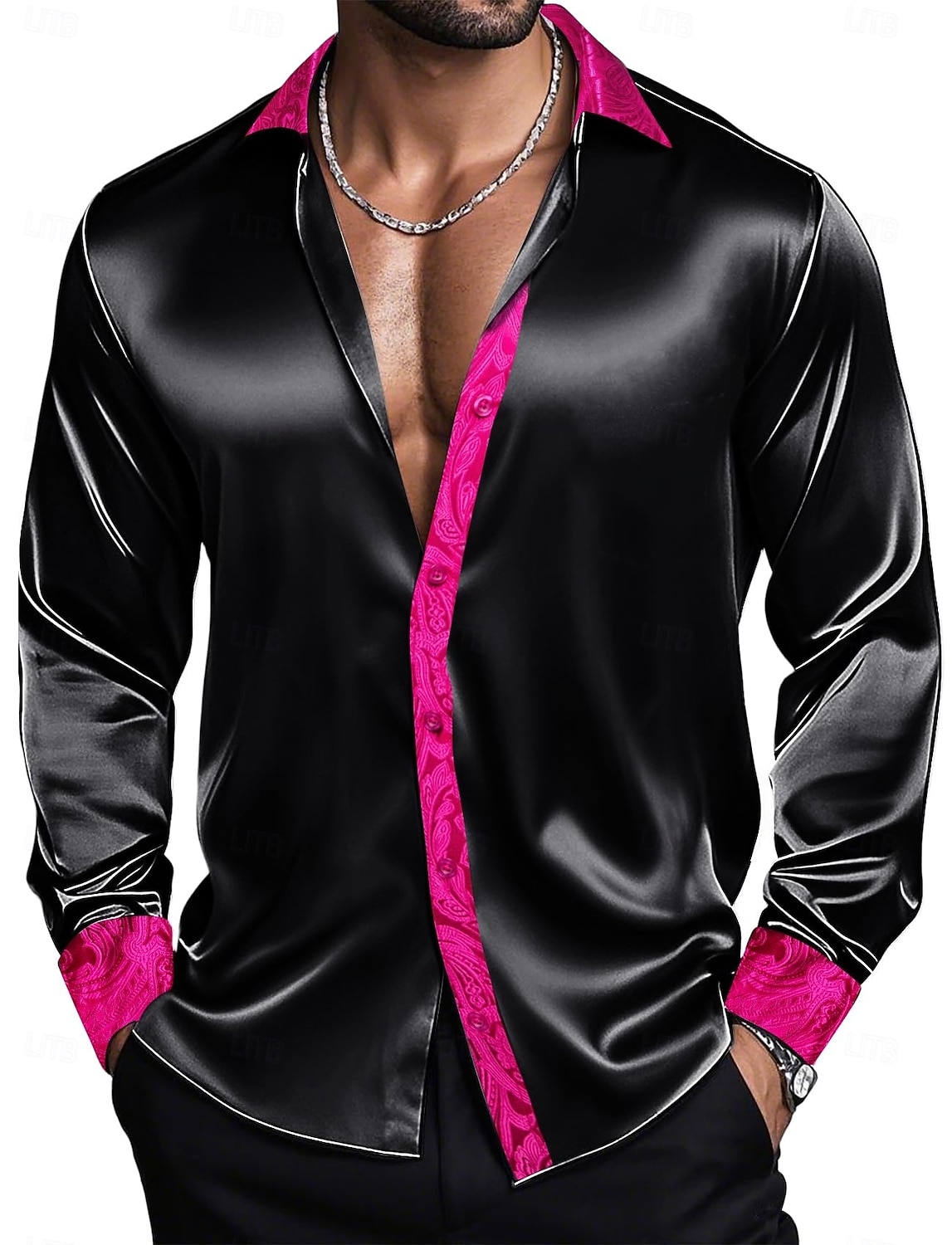 Herren Hemd Satinhemd Kleidhemd Freizeithemd Knopfhemd Abschlussballhemd Einfach Hochzeit Party Silber Rosa Rote Blau Langarm Revers Frühling Ganzjahres Bekleidung 2025 - $26.99 –P2