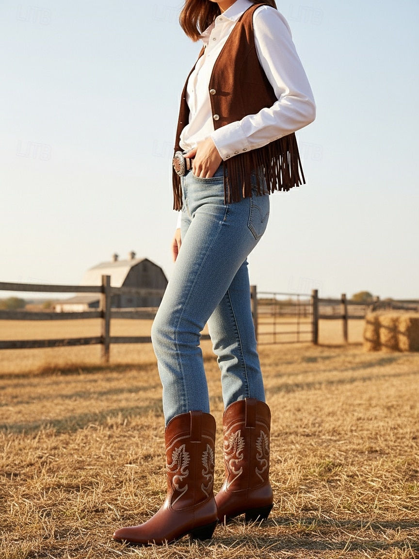 Cizme cowboy pentru femei cu cusături western brodate, vârf ascuțit și toc bloc jos - încălțăminte urbană casual elegantă pentru ținute de stradă și de zi cu zi 2025 - €52.04 –P5
