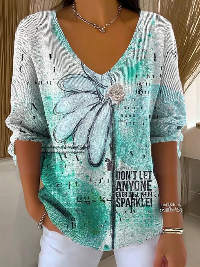 Femmes Pull Élégant Mode Streetwear Fleuri Graphique Col en V Tricoté manche longue Hauts Réguliers Tricoter Week-end Noir Vert Claire Printemps Automne de 2025 ? $29.99 –P4