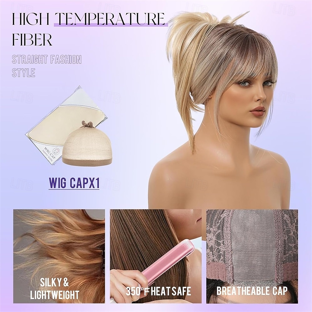 2026年 前髪付きロングブロンドストレートウィッグ、ロングオンブレブロンド合成レイヤーウィッグ、女性用デイリーユース26インチ  コレクション – $23.99 –P6