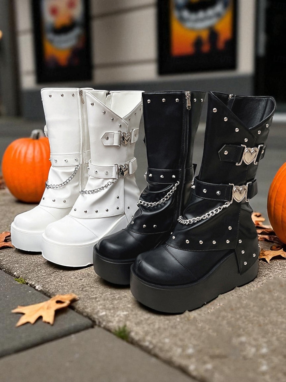 Dámské gotické kozačky na platformě do poloviny lýtek, punk rock, nýtový řetízek, černobílé boty na halloweenskou párty, cosplay kostým, noční klub, streetwear a gotickou módu 2025 - $59.99 –P2