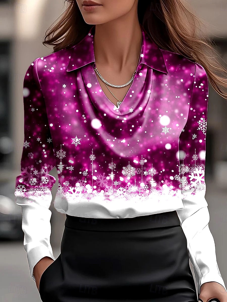 Jul Dame Skjorte Nyanse Grafisk Snøfnugg Elegant Stilfull Fritid Langermet Cowl-hals Vanlige topper Arbeid Festkveldsklær Daglig Rynket Drapering Vin Blå Lilla Høst Vinter 2025 - $34.99 –P3