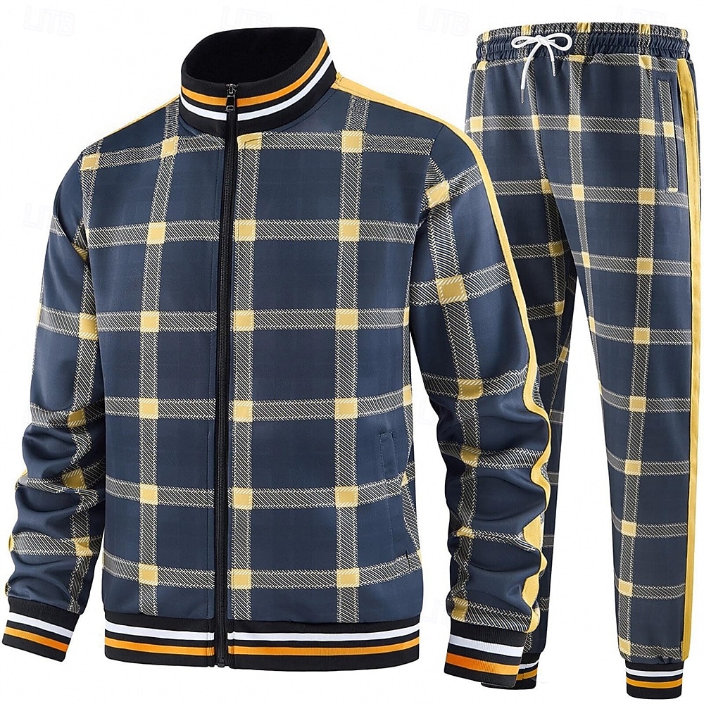 Herr Rutig Geometrisk 2st 3D-tröja set Träningsoverall Zip Up sweatshirts Långärmad Långa byxor Hög krage Sportig Utomhus Semester Sport Tryckt Dragkedja Vår Höst Grå Marinblå Ljusblå 2025 - $46.99 –P2