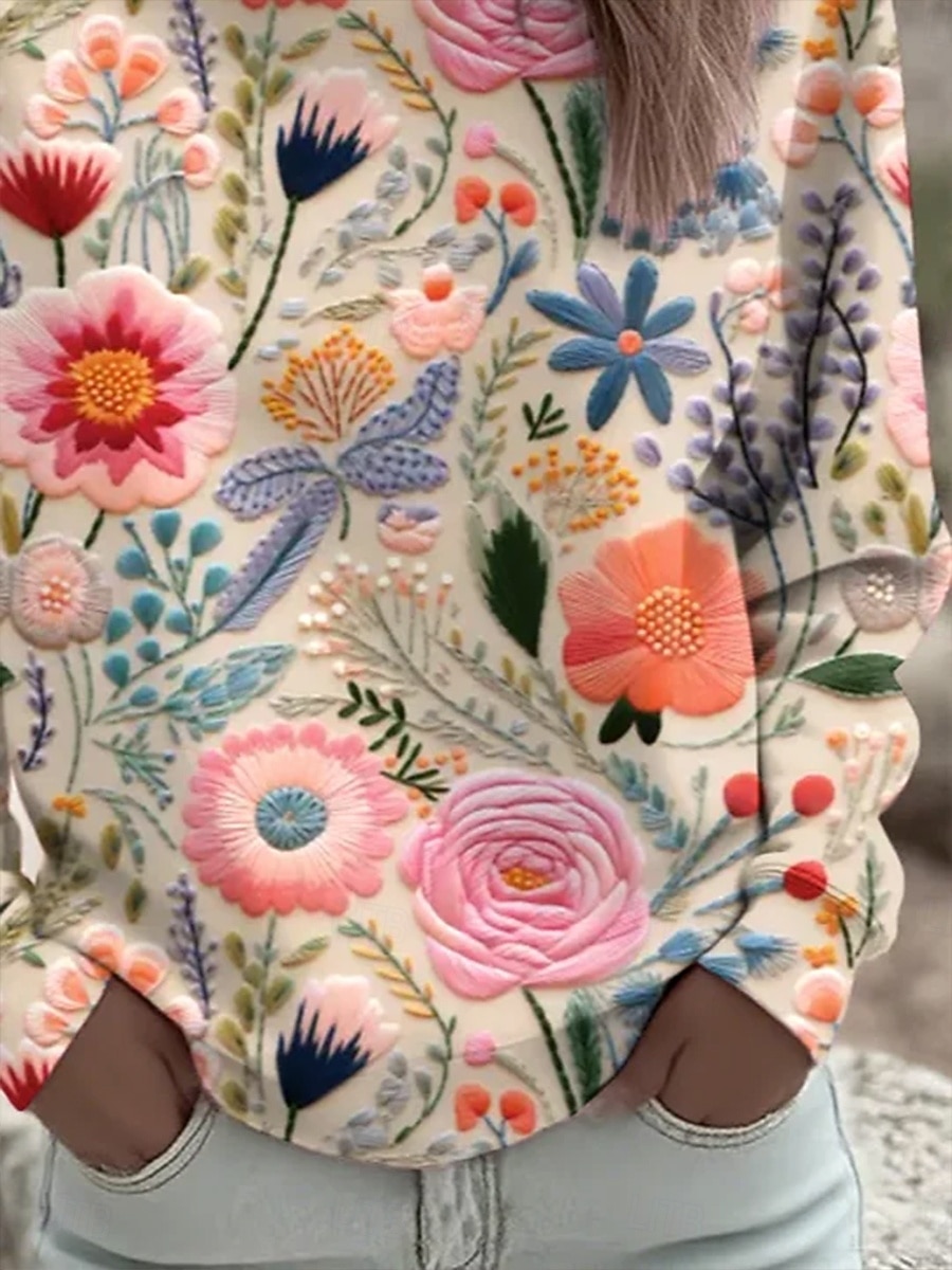Dame Gensere Blomstret Grafisk Årgang Fritid Langermet Crew-hals Rund hals Vanlige topper Gate Hverdag Avslappet Trykt mønster Rosa Vår Høst Vinter 2025 - $26.99 –P3