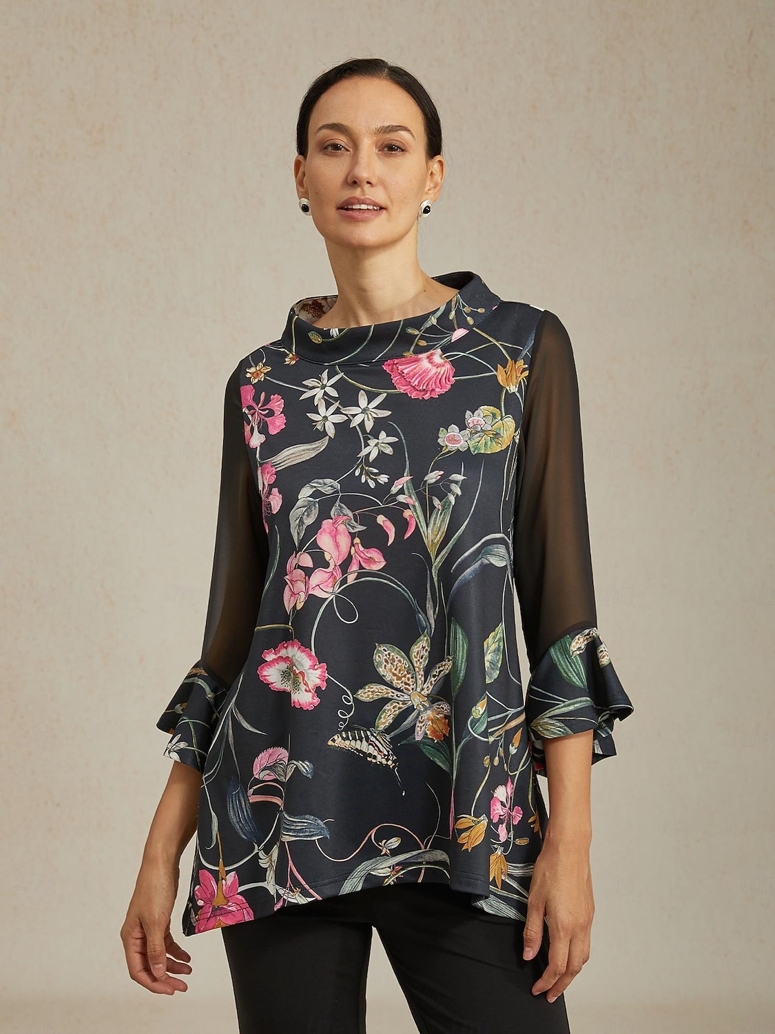 Damenbluse schwarz Blumendruck Stretch Chiffon Ärmel Bateau-Ausschnitt lässig täglich Frühling Sommer Herbst 2025 - $61.99 –P4