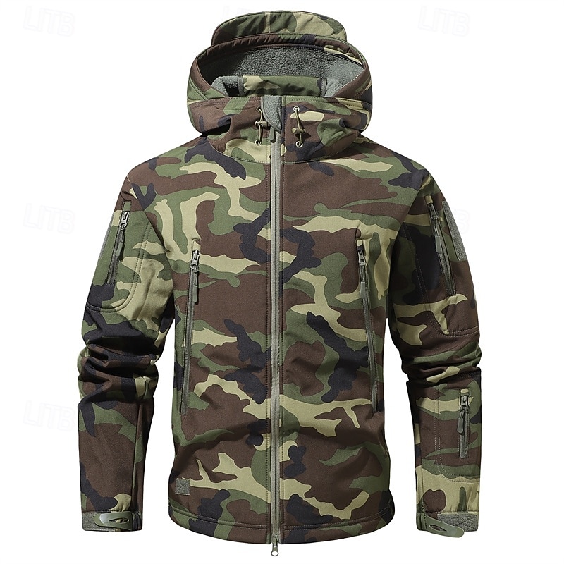 Herr Utomhusjacka Softshelljacka Vandringsjacka Semester Dagligen Vindtät Vattenfast Ficka Höst Vinter Kamuflasje Mode Klassisk Huva Normal Mörkgrå Svart Ljusgrön Blå Mörkgrön Jacka 2026 - $47.99 –P16