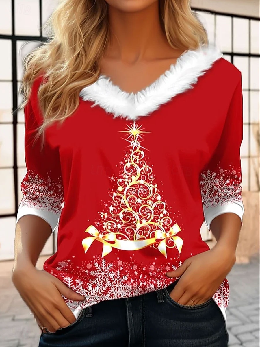 Noël Femmes T-shirt Graphique Arbre de Noël ancien Élégant Classique manche longue Col en V Hauts Réguliers Quotidien Patchwork Imprimé Rose Claire Rouge Bleu Vert Automne Hiver de 2025 ? $32.99 –P1