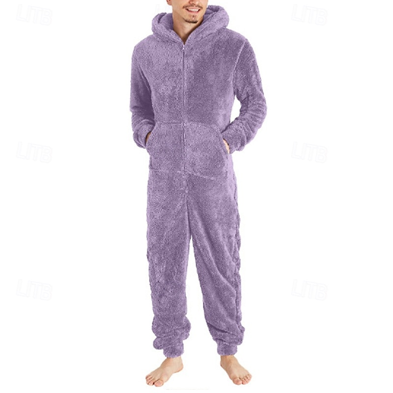 Men's Loungewear Bodysuits Sleepwear 1 PC Plain Warm Fashion Stylish Home Daily Bed Sherpa Polar Fleece Thermal Warm Comfort Soft Hoodie Long Sleeve Pocket Fall Winter Light Pink Black 2026 - $46.99 –P16