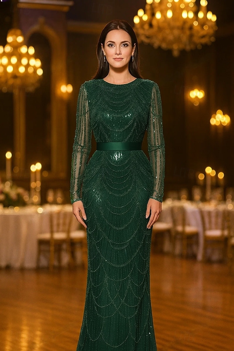 Mermaid Trumpet Sheath Column Floor Length Prom Dresses Evening Gown Ball Gown Formal Dress Elegant Long Sleeve Crew Neck Wedding Formal Pink Dress Sequined with Beading Sequin 2026 - $195.99 –P5