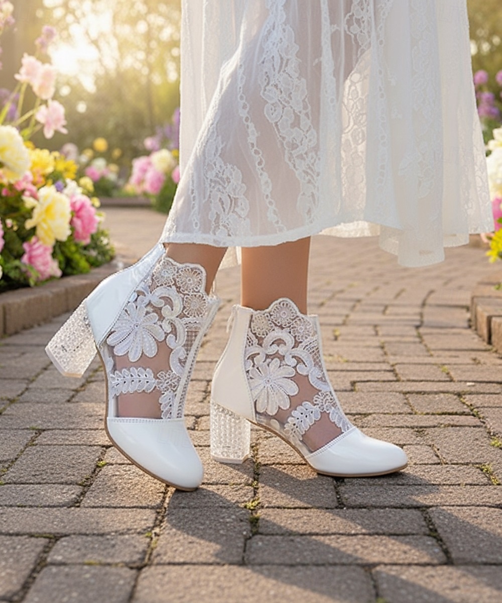 białe koronkowe botki damskie na przezroczystym obcasie słupkowym - idealne na wesela i imprezy okolicznościowe 2026 - $46.99 –P1