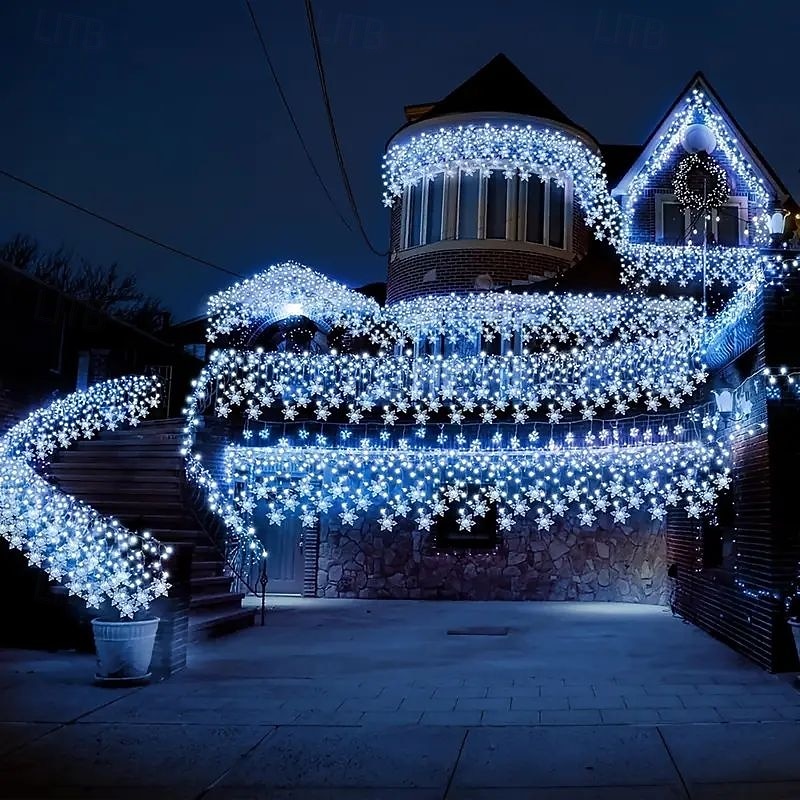 96LED Snowflake Curtain Lights 3.5m 8 Modes Lighting for Thanksgiving New Year Valentine's Day Home Balcony Living Room Garden Porch Atmosphere Decoration 2026 - $17.99 –P7