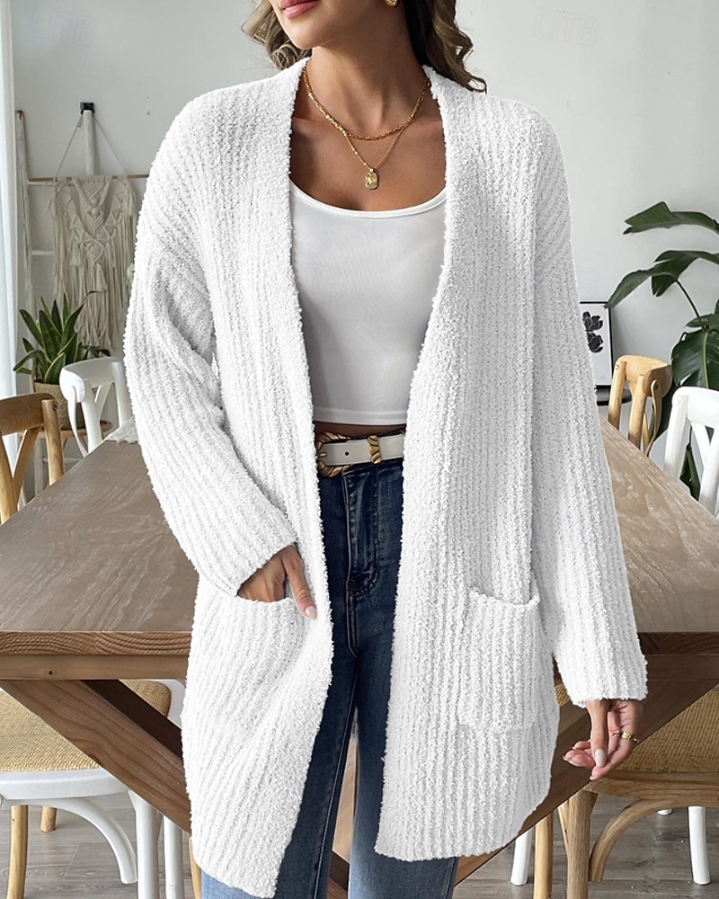 Жен. Вязаная ткань Кардиган Уличный стиль На каждый день Сплошной цвет Открытый перед Карман Трикотаж Длинный рукав Обычные топы Вязать Повседневные На выход выходные Черный Белый Осень Зима 2025 - $39.99 –P11