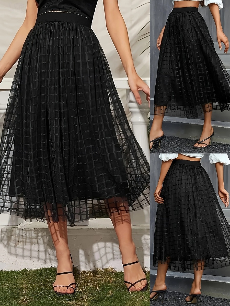 Dame الالتفاف A-linje Mote Fritid Midi Høy Midje Skjørt عادي Lomme Multi Layer Tyll Mikroelastisk Gate Daglig Svart Vår Polyester 2025 - $26.99 –P1