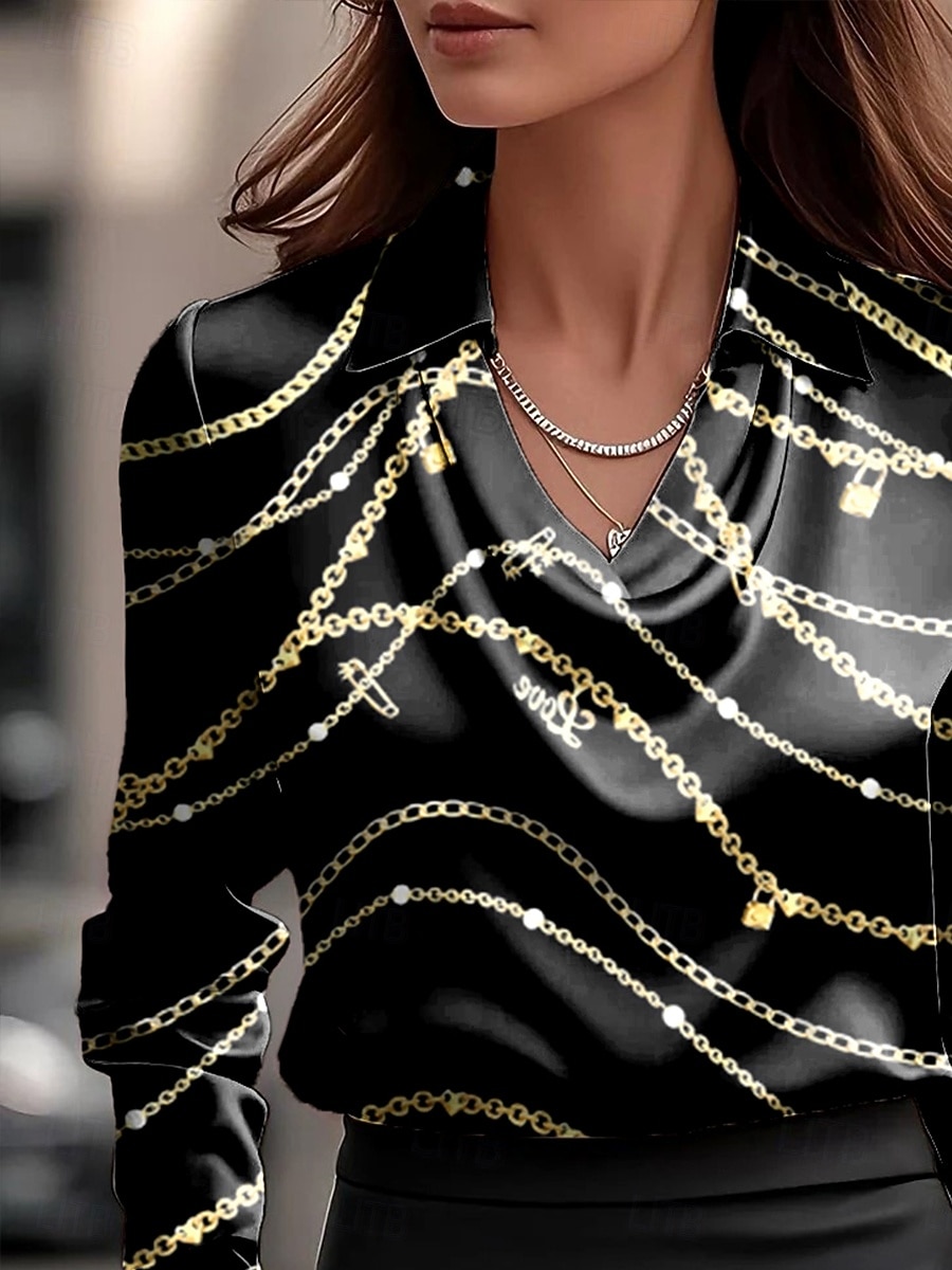 Damen Hemd Grafik Geometrisch Gestreift Elegant Stilvoll Basic Langarm Wasserfallausschnitt V Ausschnitt Normale Oberteile Arbeit Party-Abendmode Täglich Gerafft Drapiert Schwarz Weiß Herbst Winter 2025 - $29.99 –P2