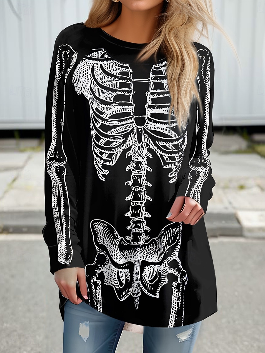 Camiseta de Halloween para mujer calaveras gráfica vintage estilosa casual de manga larga cuello redondo tops largos impresión diaria negro gris primavera otoño 2026 - $26.99 –P4