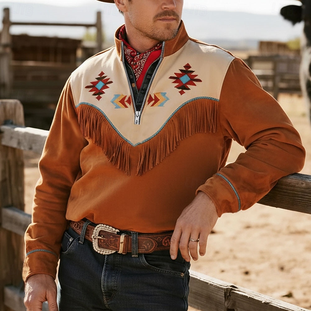 Men's Cowboy Costume Sweatshirt Ethnic Vintage Retro Long Sleeve Stand Collar Outdoor Work Gift Black Brown Khaki Zipper Fall Winter Designer S M L XL XXL XXXL 2026 - $28.99 –P1