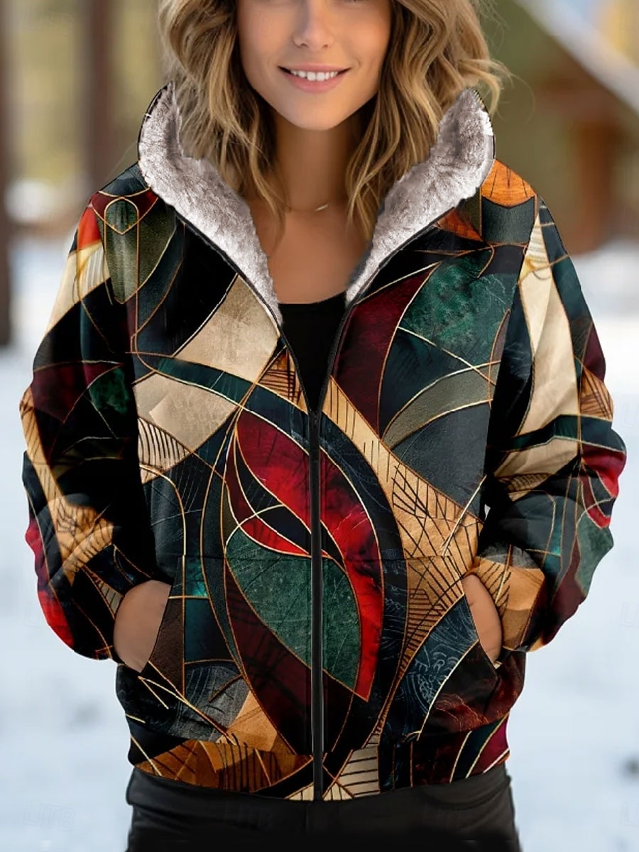 Mulheres Moletom com zíper Floral Gráfico Geométrica Moda Casual Manga Longa Com Capuz Tops regulares Rua Dia a Dia Casual Zíper Bolsos Imprimir Verde Primavera Outono Inverno de 2025 por $46.99 –P1