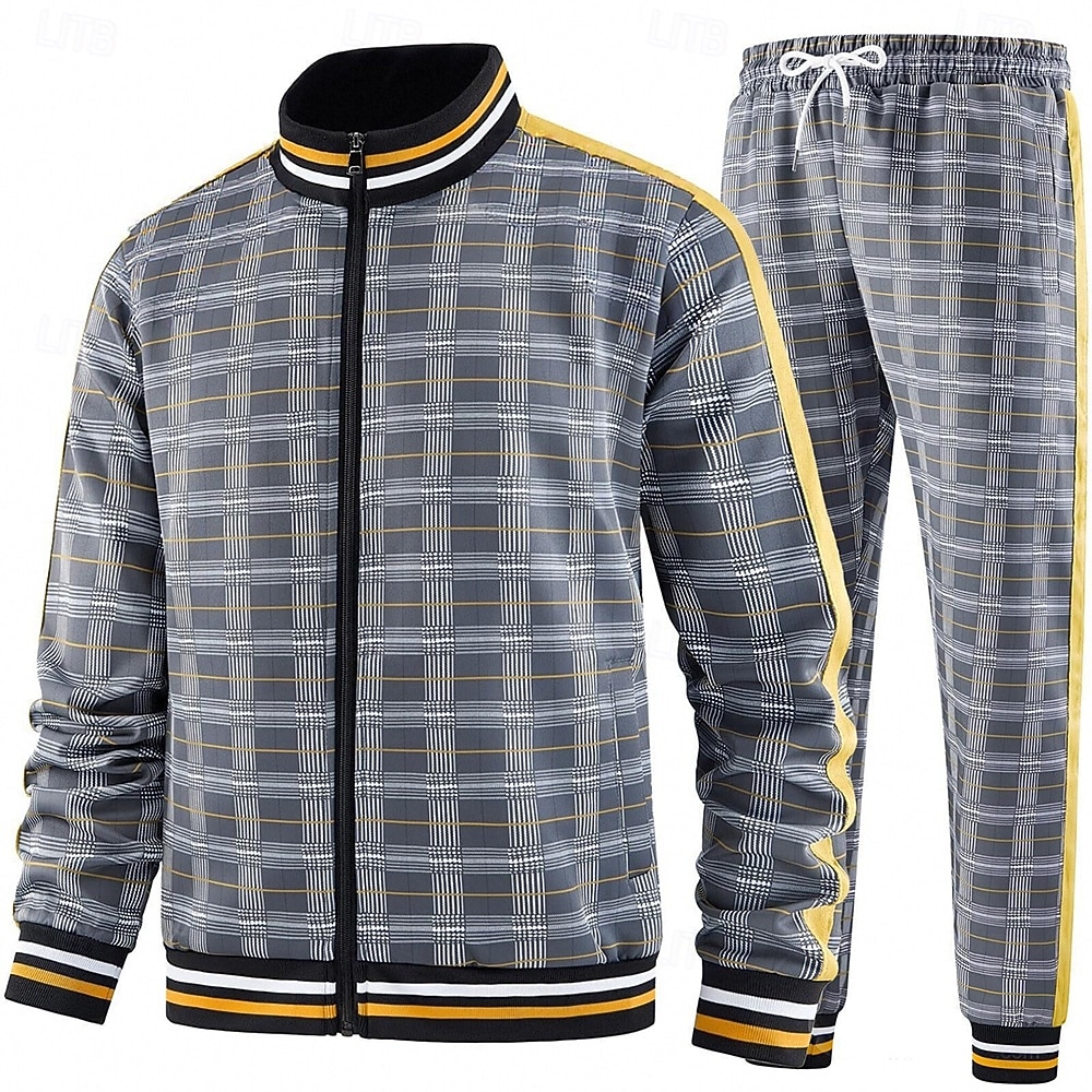Herr Rutig Geometrisk 2st 3D-tröja set Träningsoverall Zip Up sweatshirts Långärmad Långa byxor Hög krage Sportig Utomhus Semester Sport Tryckt Dragkedja Vår Höst Grå Marinblå Ljusblå 2025 - $46.99 –P1
