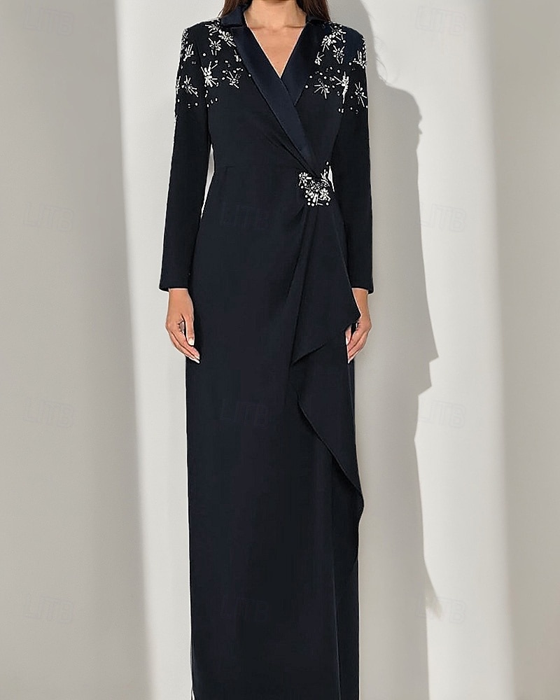 Rochie smoking cu imprimeu floral, tip coloană, cu cristale, model formal, pentru invitați de nuntă, rever din satin, crep elastic, mânecă lungă, guler cu rever crăpat și volane 2025 - $179.99 –P2