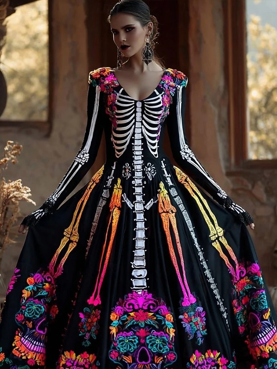 Rochie maxi pentru femei de Halloween rochie pliată boho petrecere întâlnire ieșiri croială obișnuită craniu mânecă lungă gât în V negru vin toamnă iarnă 2026 - $41.99 –P1