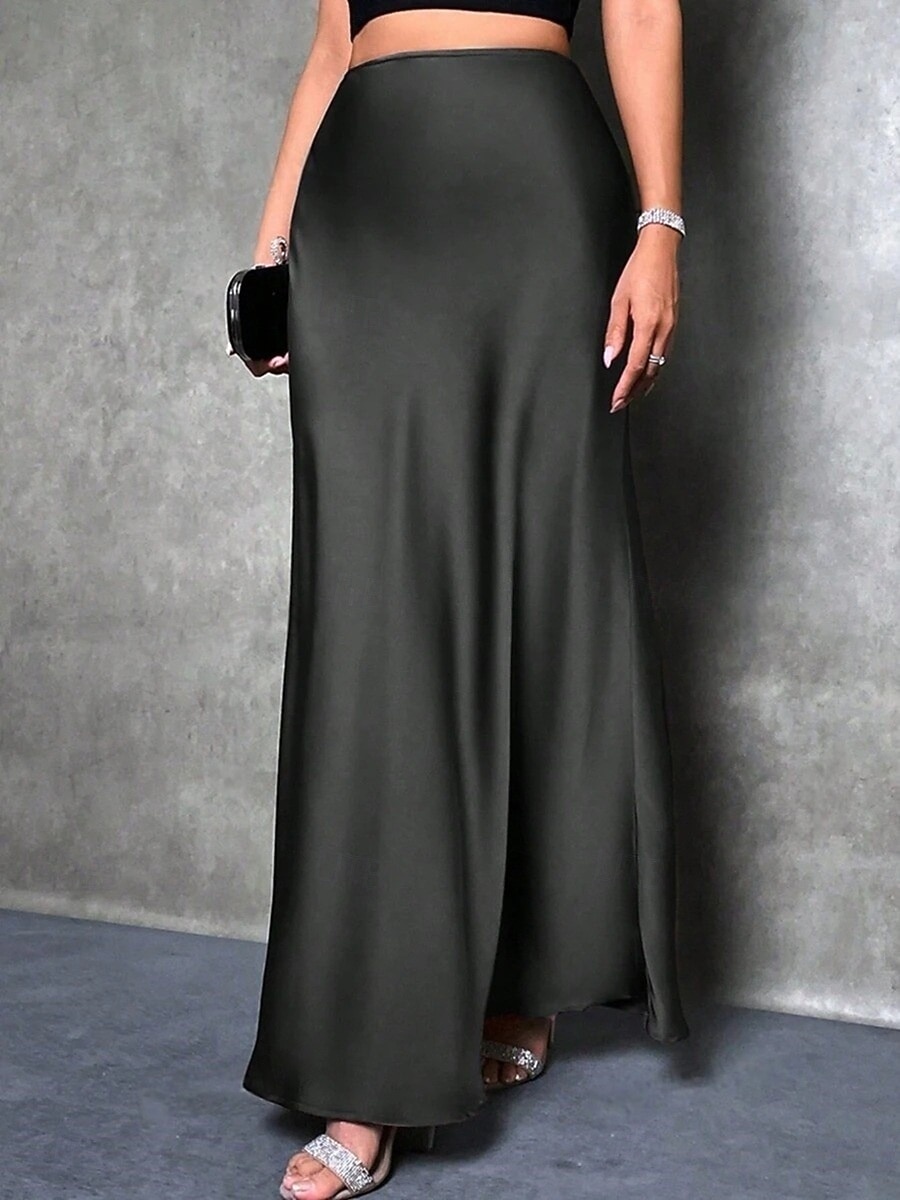 Women's Satin Skirts Elegant Fashion Maxi High Waist Skirts Plain Micro-elastic Party Street Black Fuchsia Green Khaki Spring 2026 - $25.99 –P2