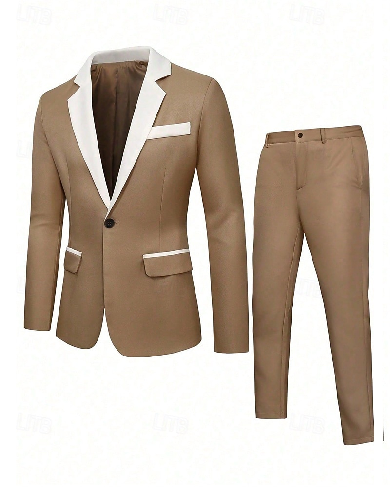 Men's Blazer Suits Business Cocktail Party Wedding Party 2 Piece Fashion Casual Spring &  Fall Polyester Color Block Plain Pocket Buttons Comfortable Single Breasted Blazer Apricot 2025 - $36.99 –P5