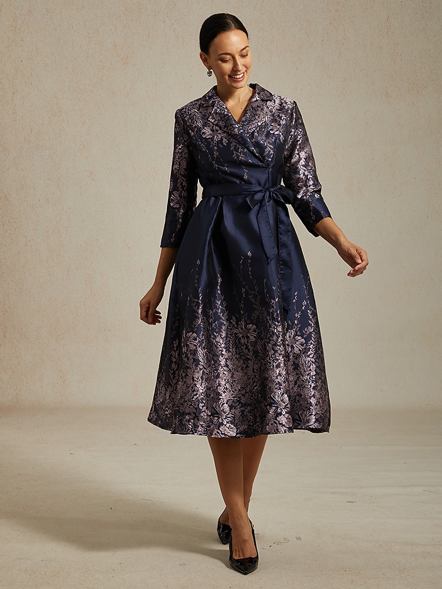 Per donna Abito Midi Tubino Elegante Compleanno Floreale Manica 3/4 Colletto a Camicia Blu marino Estate Primavera Autunno Inverno del 2025 a $169.99 –P1