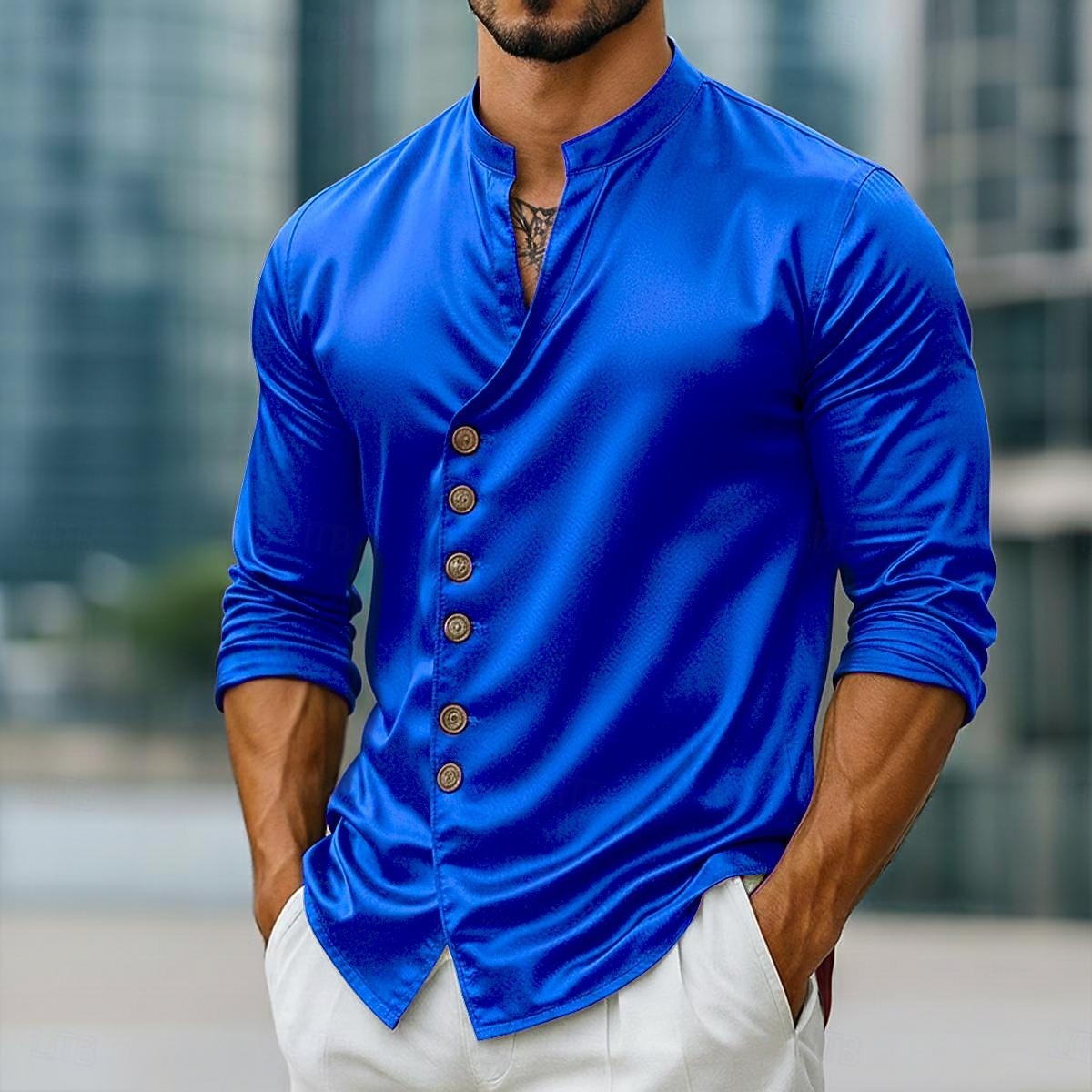 Bărbați Cămașă Cămașă din satin Cămașă de Costum Cămașă casual Camașă cu nasturi Cămașă de bal Simplu Oficial Nuntă Albastru Deschis Negru Alb Albastru regal Manșon Lung În V Toate Sezoanele 2025 - $25.99 –P6