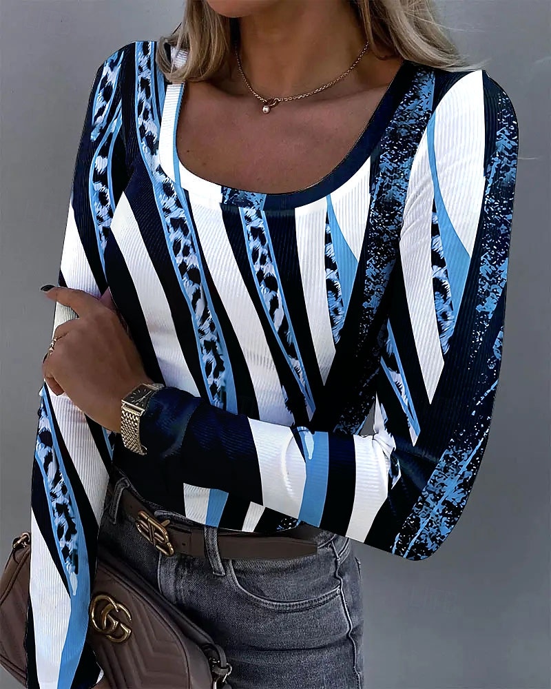 Dames Tuniek Afdrukken Grafisch Luipaard Abstract Vintage Modieus Stijlvol Lange mouw Vierkante hals Normale tops Dagelijks blauw Paars Groen Khaki Lente Herfst 2026 - $26.99 –P4