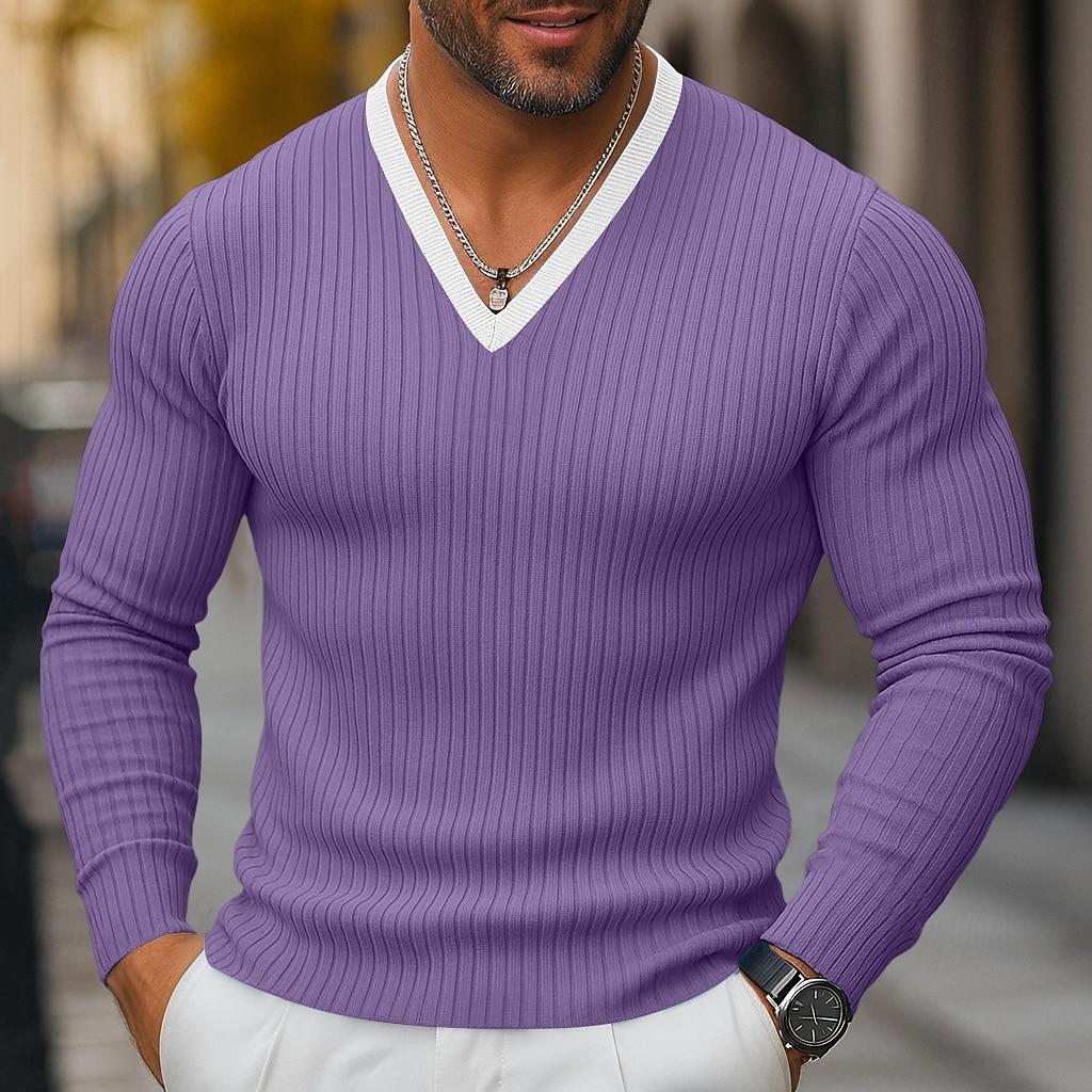 Herren T Shirt Muskelshirt Geripptes Strick-T-Shirt T-Shirt Langarm V Ausschnitt Frühling Herbst Winter Einfach Grubenstreifen Mode Designer Basic Stricken Urlaub Straße Lässig Schwarz Blau Purpur 2025 - $27.99 –P5