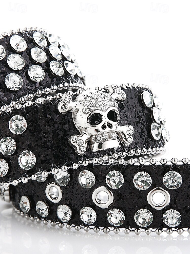 Ceinture unisexe Halloween en strass avec tête de mort – Accessoire de taille en similicuir punk rock scintillant pour fêtes, concerts et costumes de 2025 ? $18.99 –P5
