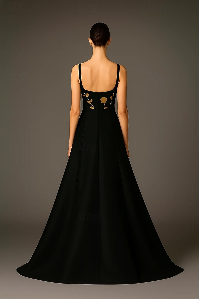 Abendkleid in A-Linie mit Blumenmuster in Schwarz und Gold, elegantes Abendkleid für formelle Hochzeiten, Schleppe, ärmellos, quadratischer Ausschnitt, Tasche, Stretch-Satin mit Überrock 2025 2025 - $164.99 –P2