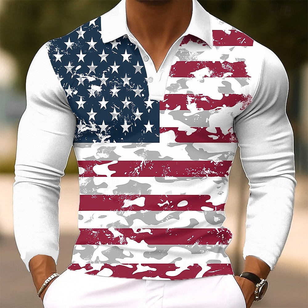 4. Juli 2026 250. Herren Amerikanische US-Flagge Polo Langarm Polo-Shirts Revers Lässig Outdoor Straße Alltagskleidung 3D-Druck Knöpfe Frühling Herbst Winter Blau 2026 - $22.99 –P2