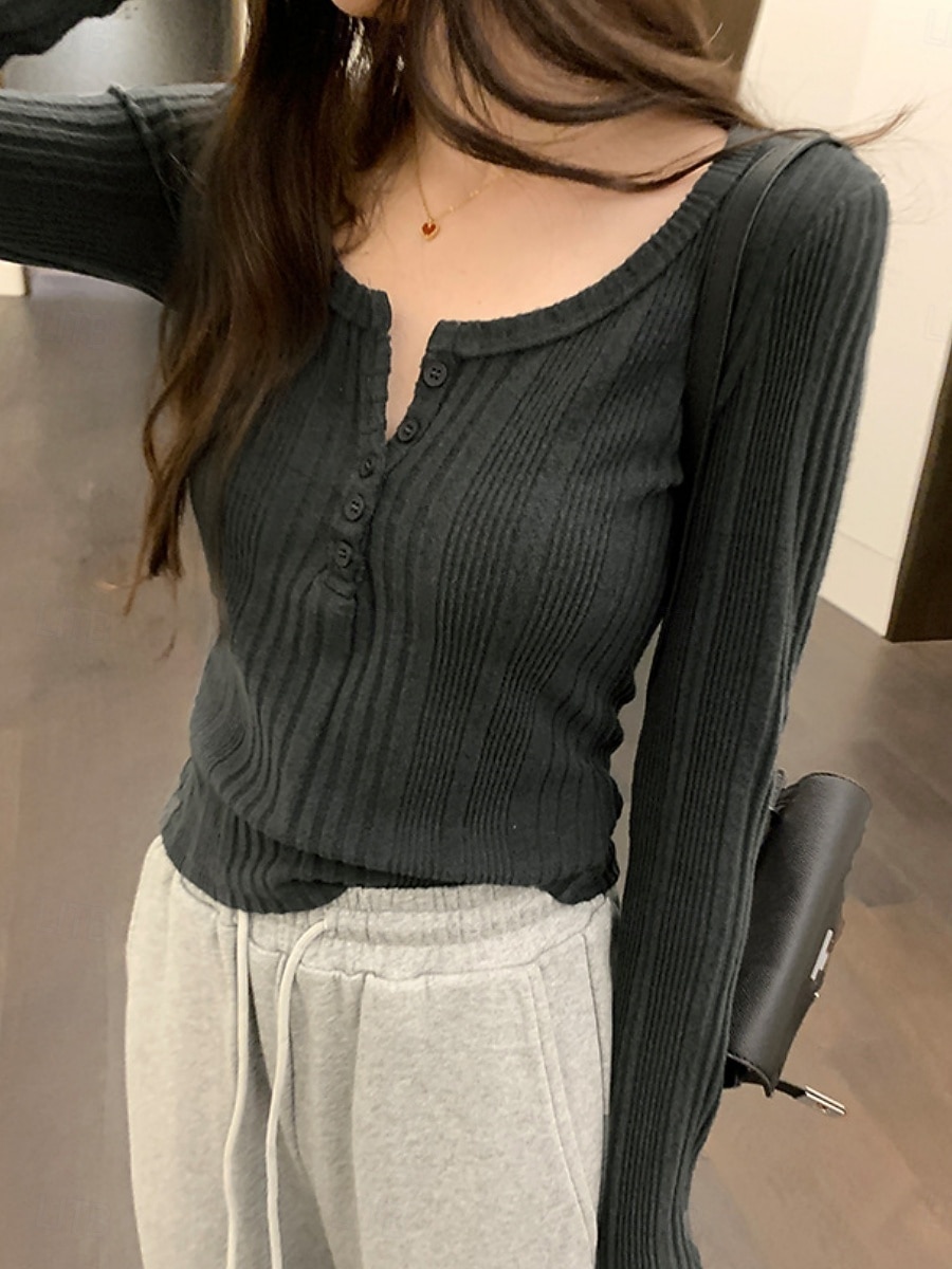 Damen Bluse Knöpfe Einfarbig Stilvoll Lässig Langarm Rundausschnitt Normale Oberteile Täglich Marineblau Dunkelgray Grau Frühling Herbst Winter 2026 - $21.99 –P6