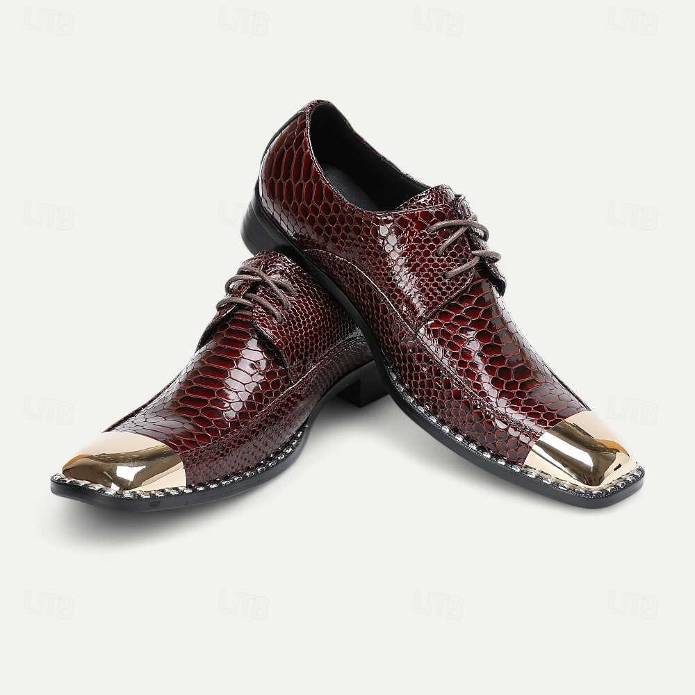 Sapatos sociais masculinos de couro legítimo bordô com estampa de cobra e cadarço e biqueira de metal – sapatos da moda para banquetes e coquetéis de 2026 por $129.99 –P4