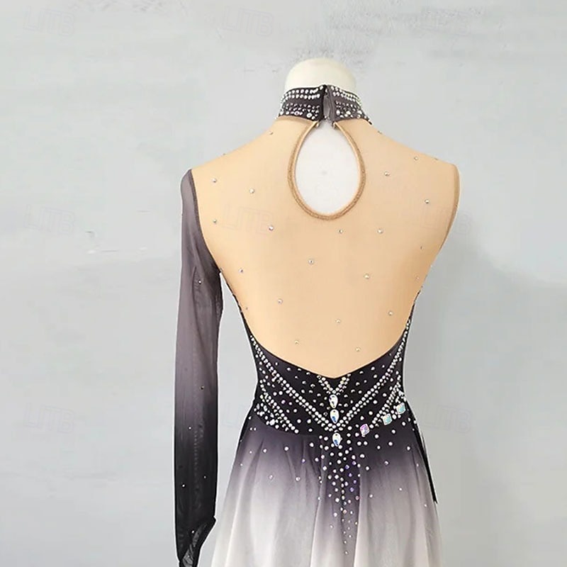 Figure Skating Dress Women's Girls' Ice Skating Dress Gray High Elasticity Training Competition Skating Wear Classic Crystal / Rhinestone Long Sleeve Ice Skating Figure Skating 2026 - $245.69 –P3