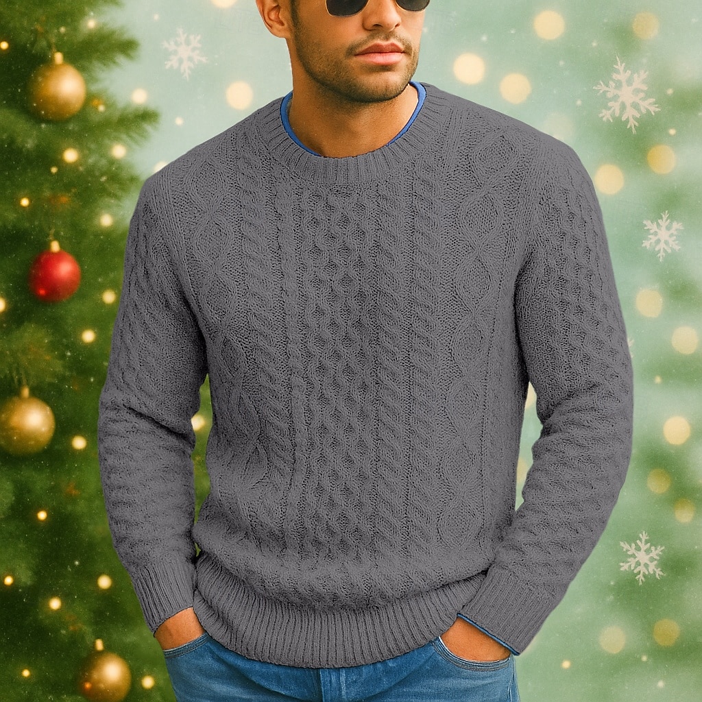Муж. Вязаная ткань Пуловер Свитер Кабель Вязать Обычные топы Трикотаж Облегающий крой Полотняное плетение "Круглый вырез ""под горло""" Рождество Вязаная одежда Рождество Повседневные Одежда 2025 - $35.99 –P5