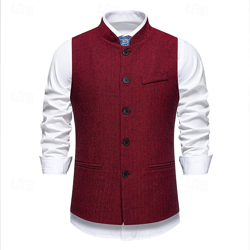 Herren Weste Gilet Urlaub Party Geschäft Mode Lässig Frühling Herbst Tasche Knöpfe Polyester Bequem Karomuster Streifen Einreihig Ein-Knopf Stehkragen Normale Passform Wein Marineblau Dunkelgray 2026 - $35.99 –P5
