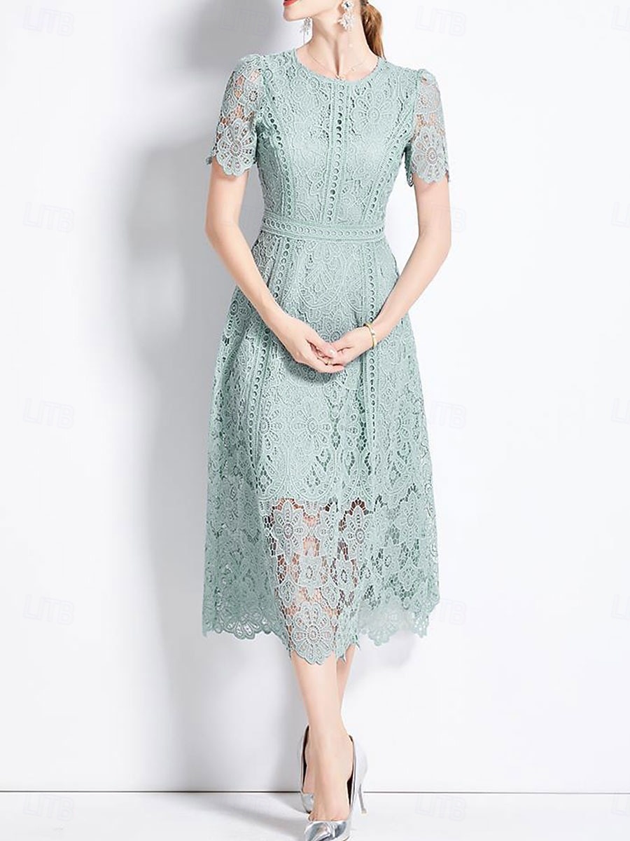 Mutter der Braut Kleid Elegantes Kleid Crew-Ausschnitt Teekleid Spitze Kurzarm mit Spitze 2026 - $91.99 –P2