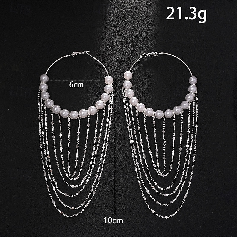 Pendientes de aro grandes de perla para mujer con cadenas de oro en capas: joyas llamativas para atuendos de fiesta y moda de discoteca. &ocasiones especiales 2026 - $14.99 –P2