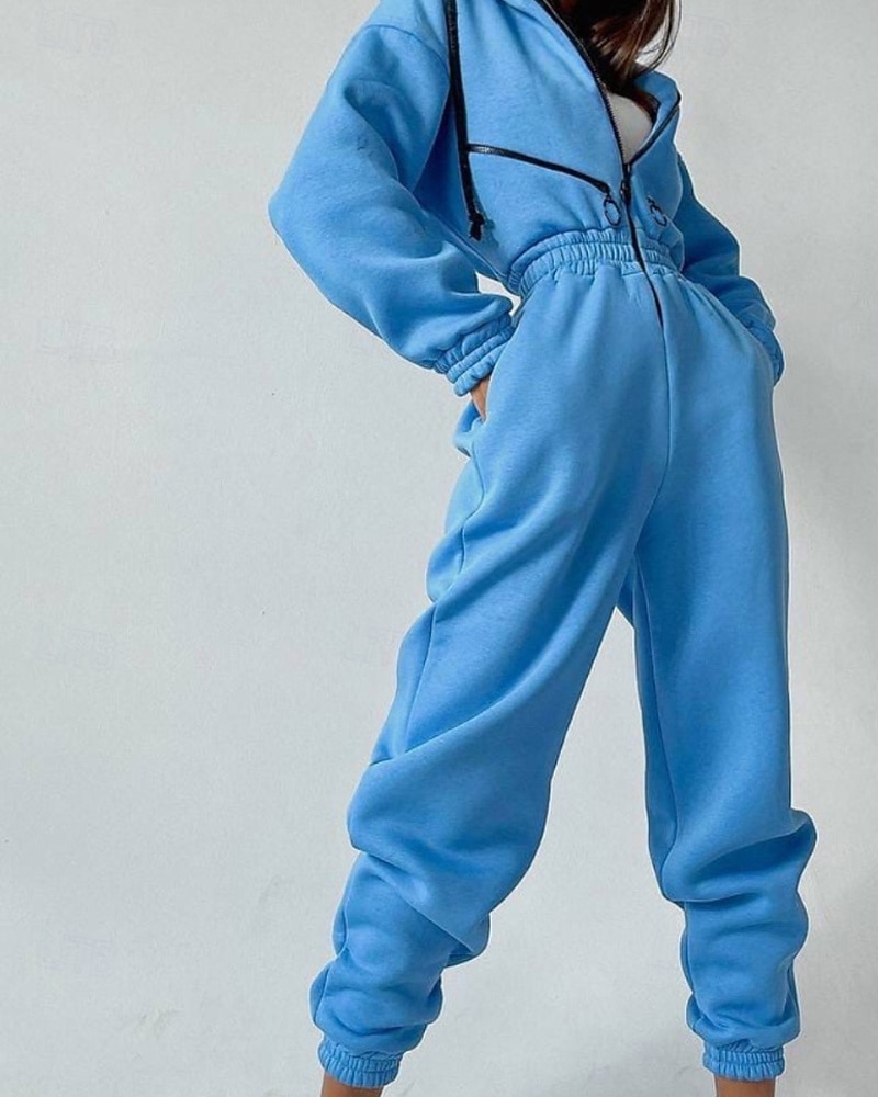 Női Szabályos Jumpsuitek Utcai sikk Színes Hosszú ujj Kapucni Kollázs Cipzár Utca Napi Normál Fehér Arcpír rózsaszín Medence Ősz 2025 - $27.99 –P3