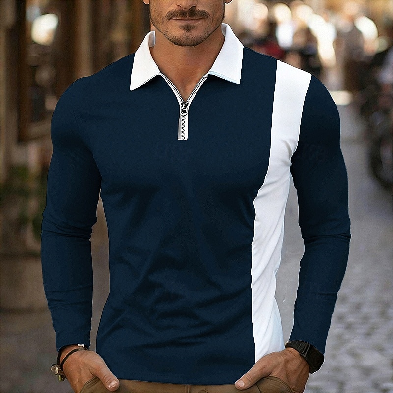 Per uomo Polo Polo con zip a un quarto Abbigliamento quotidiano Data Bavero Manica Lunga Moda Essenziale Blocco di colori Cerniera Primavera Autunno Vestibilità regolare Nero Bianco Vino Blu marino del 2026 a $18.99 –P2