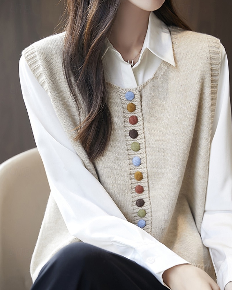 Women's Sweater Sweater Vest Streetwear Casual Solid Color Crew Neck Buttons Knitted Sleeveless Regular Tops Knit Daily Holiday Going out Black Red Fall Winter 2025 - $28.99 –P2