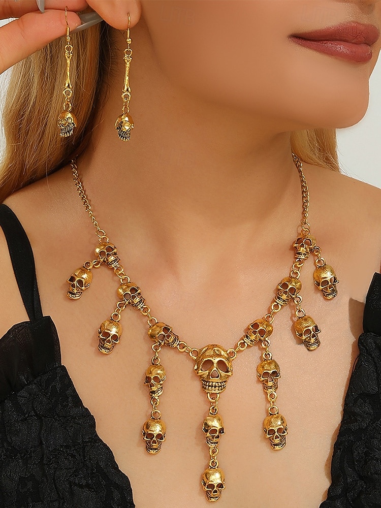 Set di collana e orecchini con teschio di Halloween da donna: gioielli gotici punk con più teschi nei colori oro e argento per feste, cosplay e costumi del 2025 a $11.99 –P6
