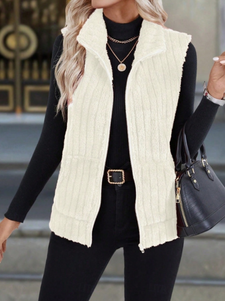 2025年 女性用 フリースベスト 快適 高通気性 ジッパー カジュアル 平織り バケーション ストリート カジュアル デイリーウェア ジッパ－ ショート 折襟 レギュラー ノースリーブ アウターウェア ブラック ルビーレッド ブルー 春 秋  コレクション – $25.99 –P10