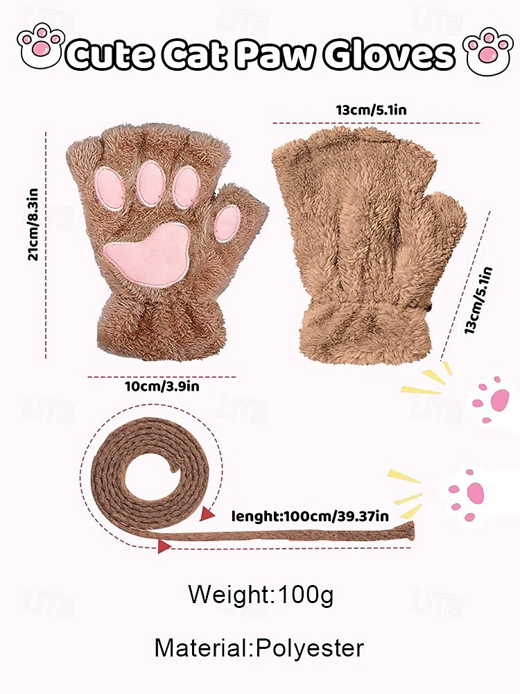 2026年 女性用ふわふわの肉球手袋 - かわいいふわふわの猫の爪ミトン、コスプレ、ハロウィン、普段使いにぴったりの柔らかくて暖かい冬用指なし手袋  コレクション – $7.99 –P11